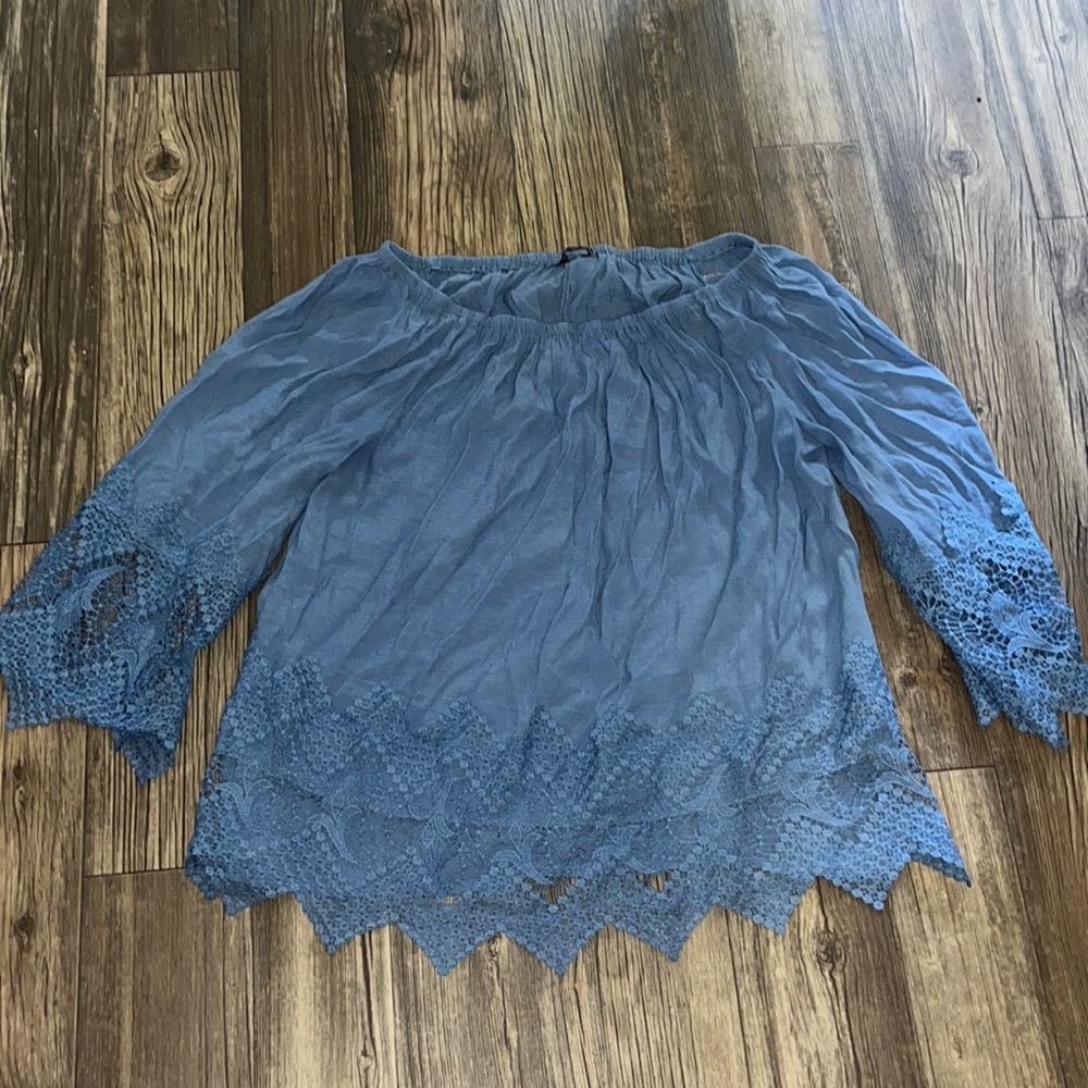 Blue lace trim blouse
